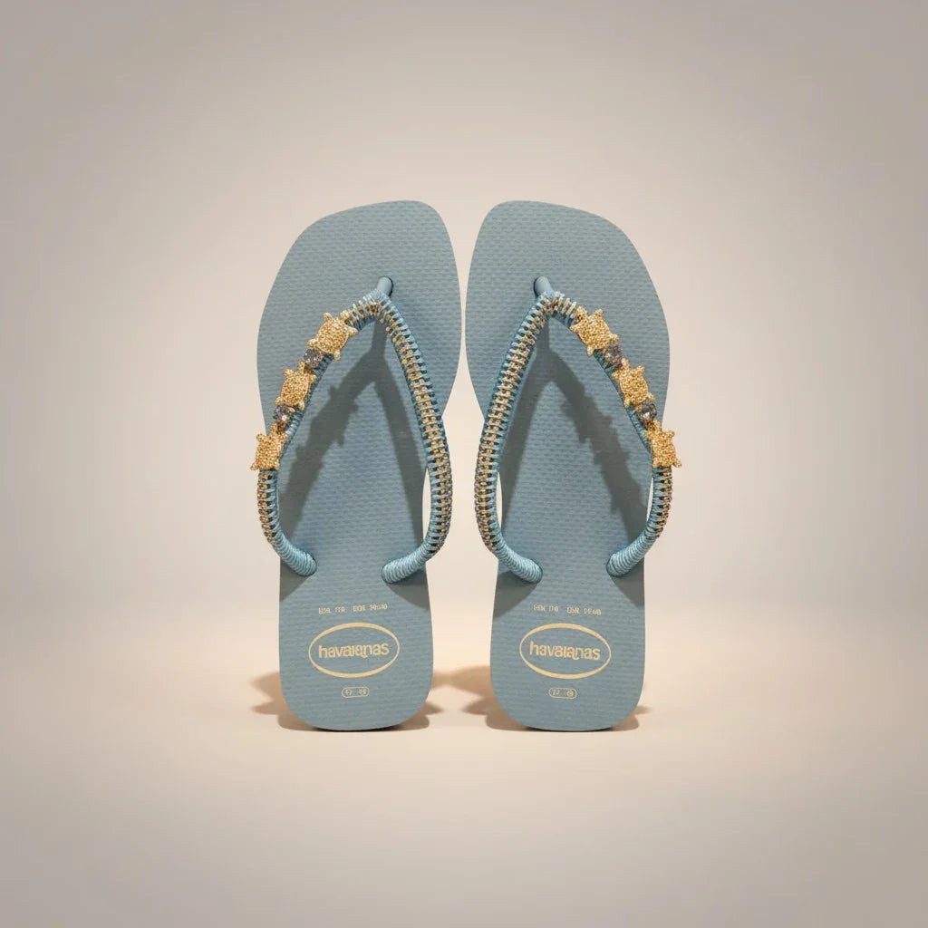 Havaianas Slim Sky Blue – Golden Turtle & Crystal Custom