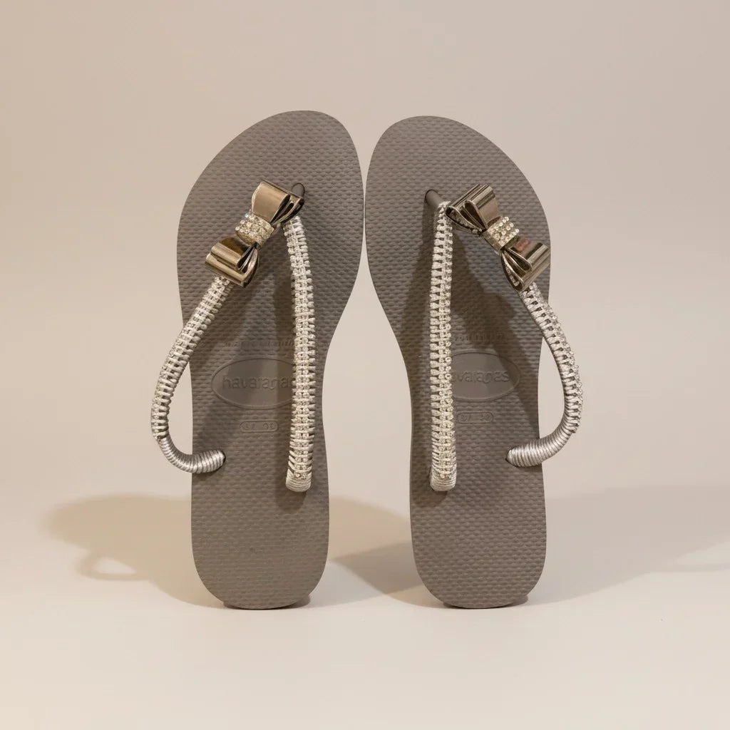 Havaianas Slim Grey – Silver Bow & Crystal Mesh Custom