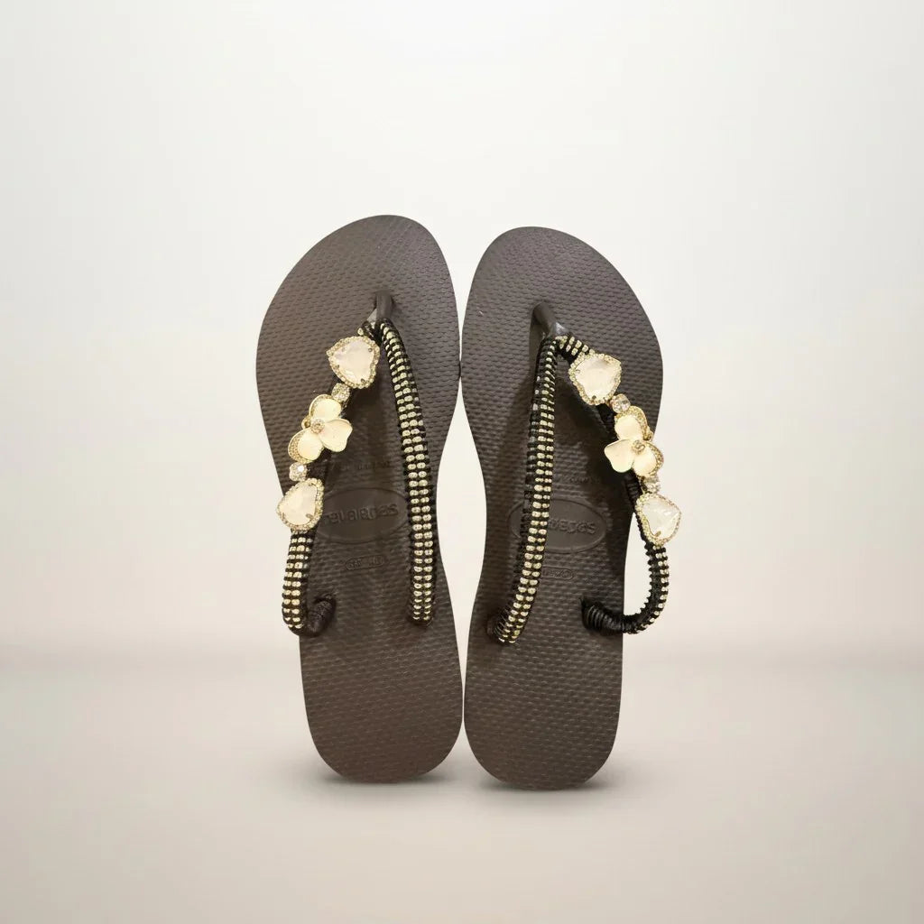 Havaianas Slim Black – Golden Bloom & Crystal Custom