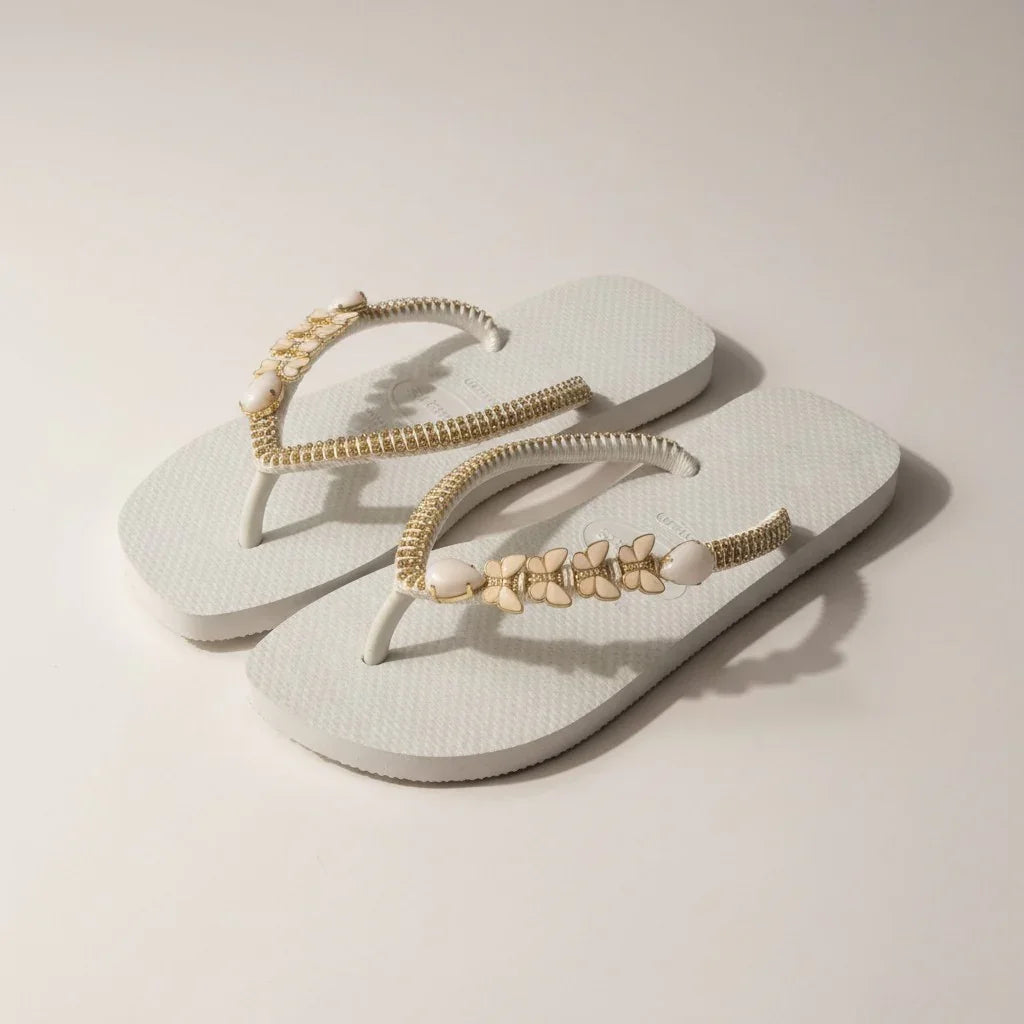 Havaianas Slim White – Golden Butterfly & Pearl Custom